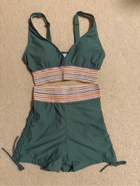 Women's Green Two-Piece Swimsuit with Multicolor Waistband
